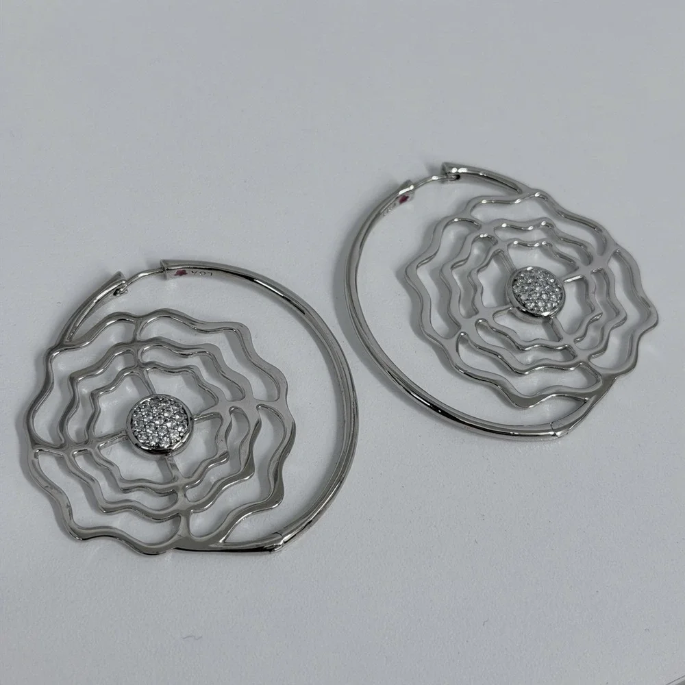 Lauren G Adams Large Rose Pave Earrings LGA Silver Tone Metal For Pierced Ears